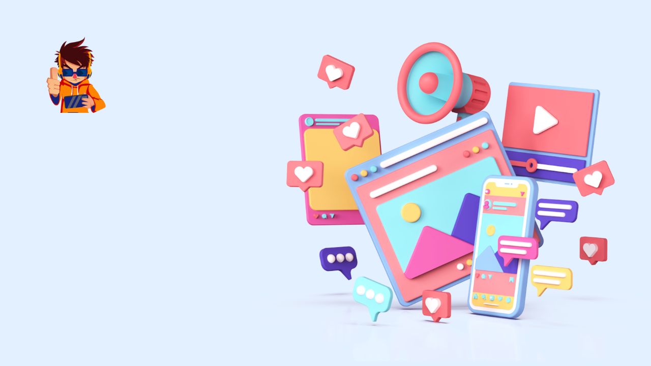 Digital marketing trends 2024 with icons representing AI, influencer marketing, social media, and data analytics.