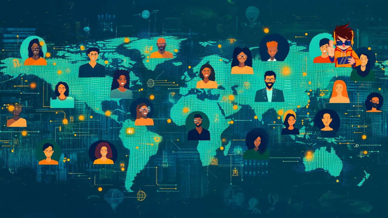 Illustration showing global remote teams collaborating via video conferencing and digital tools, connected across time zones.