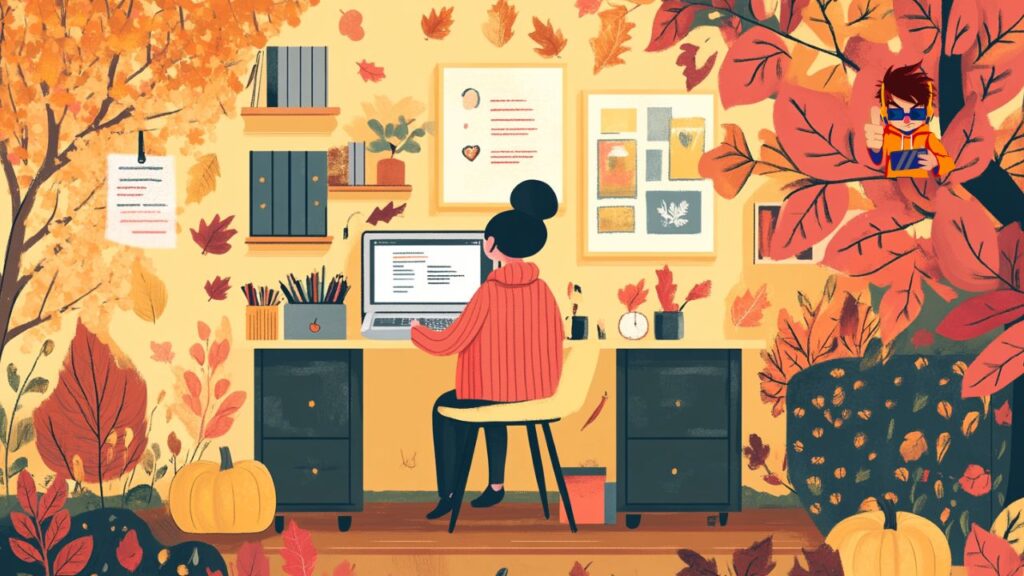 Illustration of a marketer working on fall-themed digital marketing campaigns, surrounded by autumn elements like leaves, pumpkins, and cozy warm colors.