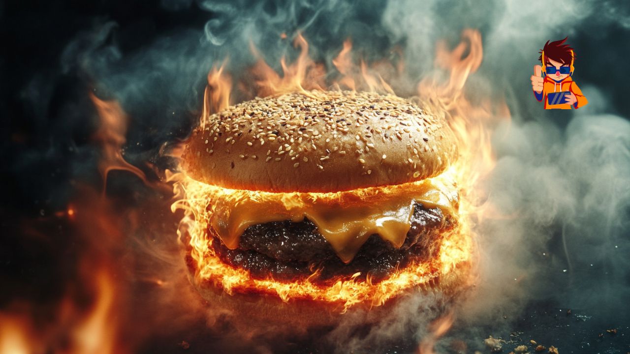 A sizzling cheeseburger with sesame seed bun engulfed in dramatic flames and smoke, creating a fiery, attention-grabbing visual. The image conveys intensity and passion, aligning with bold and unconventional marketing themes.