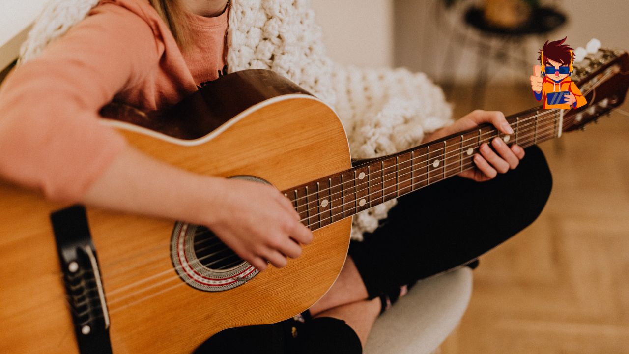 A person sitting on a chair, casually playing an acoustic guitar, wrapped in a cozy knit blanket. The warm indoor setting emphasizes relaxation and creativity, highlighting the joy and benefits of learning a new hobby.