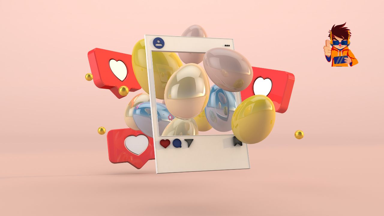 A playful 3D composition featuring a social media post frame surrounded by heart icons, chat bubbles, and colorful Easter egg shapes, symbolizing hidden surprises in the digital world.