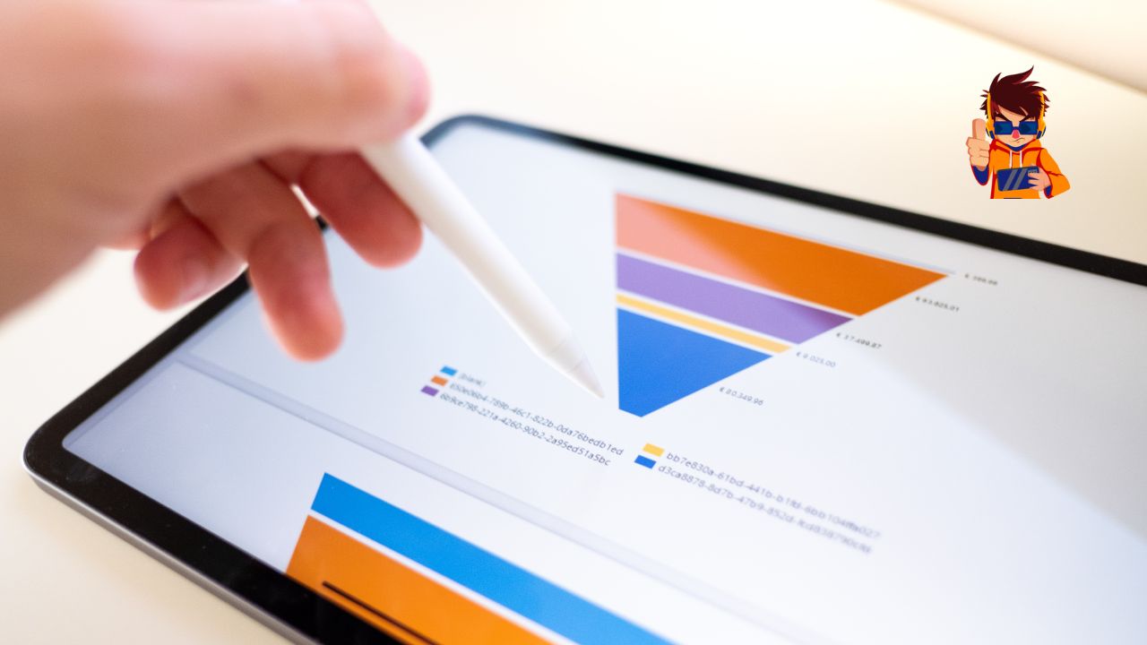 Close-up of a digital tablet displaying a colorful funnel chart, with a hand holding a stylus pointing at the screen.